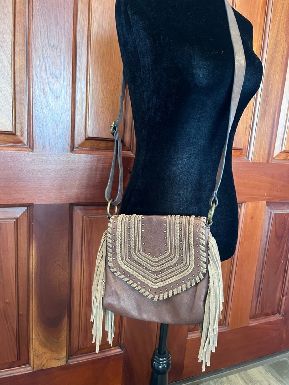 kindred soul Peyton fringe Stud Braided western Boho Leather Crossbody Purse